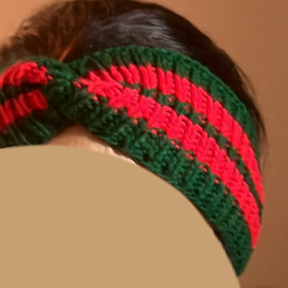 HandKnit Winter twisted Headband Red and Green Striped Size S warm ears